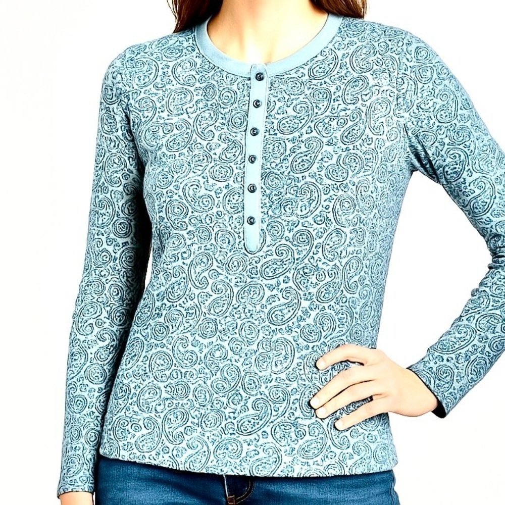 Henley Top Long Sleeve Waffle T-shirt Cotton Fabric Floral Paisley Print Blue S